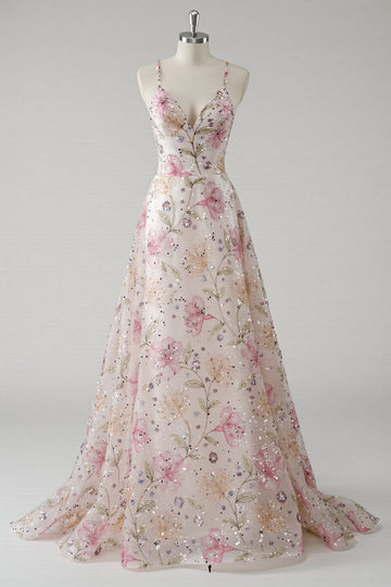 Pink A Line Spaghetti Straps Floral Prom Dress With Sequins